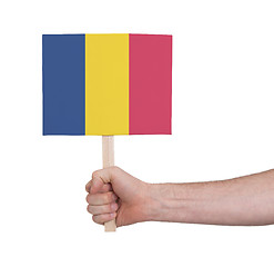 Image showing Hand holding small card - Flag of Romania