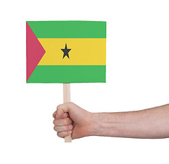 Image showing Hand holding small card - Flag of Sao Tome and Principe