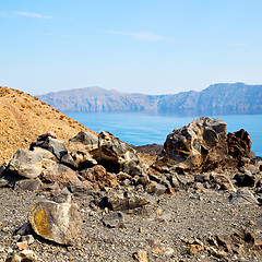 Image showing volcanic land in europe santorini greece sky and mediterranean s