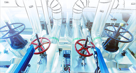 Image showing Sketch of piping design mixed with industrial equipment photo