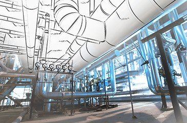 Image showing Sketch of piping design mixed with industrial equipment photos