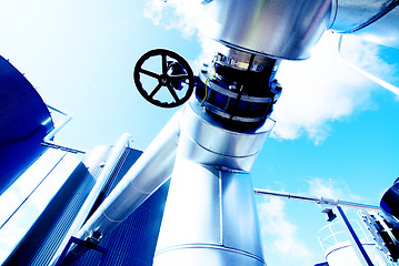 Image showing Industrial zone, Steel pipelines in blue tones  