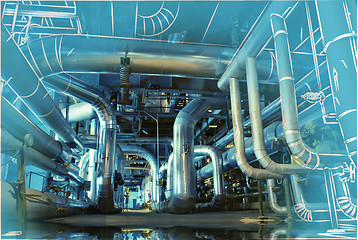 Image showing Sketch of piping design mixed to power plant photo