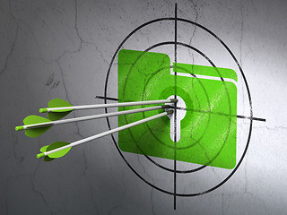 Image showing Business concept: arrows in Folder With Keyhole target on wall background