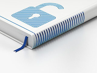 Image showing Protection concept: closed book, Opened Padlock on white background