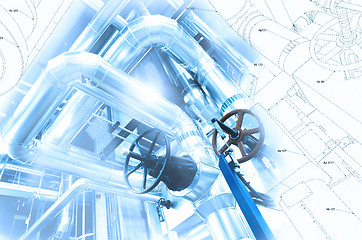 Image showing Sketch of piping design mixed with industrial equipment photo