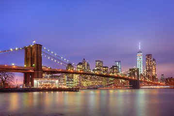 Image showing Brooklyn bridge at dusk, New York City.