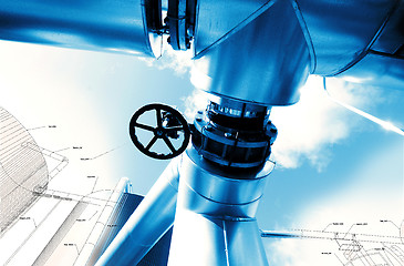 Image showing Sketch of piping design mixed with industrial equipment photos