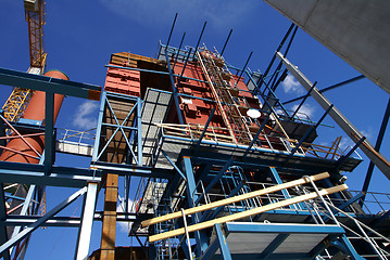 Image showing cranes and beams on construction of industrial factory 