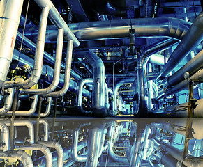 Image showing Industrial zone, Steel pipelines in blue tones with reflection