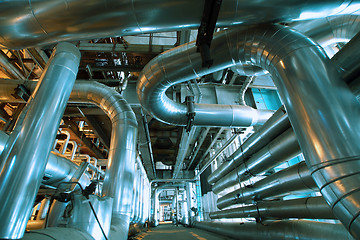 Image showing Industrial zone, Steel pipelines and equipment in blue tone