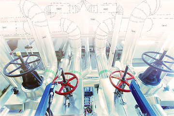 Image showing Sketch of piping design mixed with industrial equipment photo