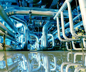 Image showing Industrial zone, Steel pipelines in blue tones with reflection