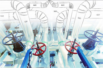 Image showing Sketch of piping design mixed with industrial equipment photo