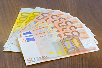 Image showing Close-up of Euro banknotes on the table