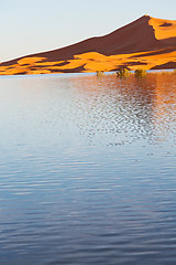 Image showing   in the lake yellow    morocco sand and     dune