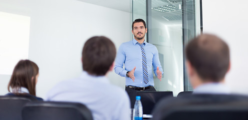 Image showing Business man making presentation in office on job interview. 