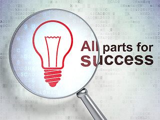 Image showing Business concept: Light Bulb and All parts for Success with optical glass