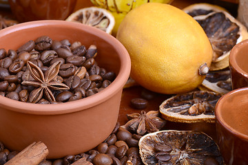 Image showing coffee beans, old lemon, cinnamon and aroma spice