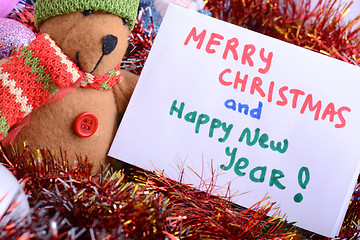 Image showing german Christmas card with teddy bear. Merry Christmas and a happy New Year