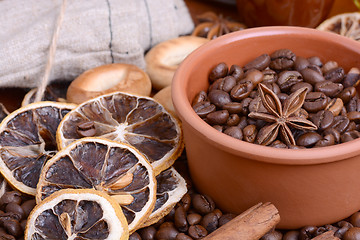 Image showing coffee beans, old lemon, cinnamon and aroma spice