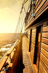 Image showing Wooden sailboat in sea