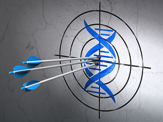 Image showing Healthcare concept: arrows in DNA target on wall background