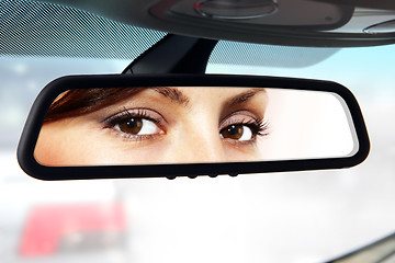 Image showing driver looks to rear-view mirror