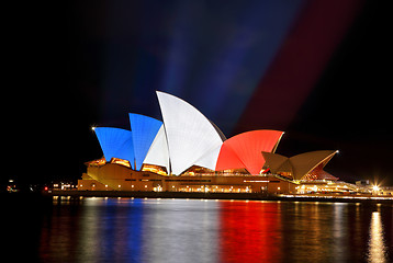 Image showing Sydney Opera House in colours of French Flag