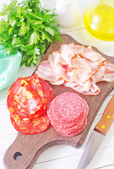 Image showing salami,ham and bacon on wooden board