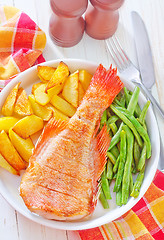 Image showing fried fish, potato and green beans