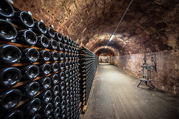 Image showing Long underground brick tunnel in the wine cellar