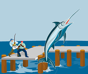 Image showing Fishermen catching a blue marlin