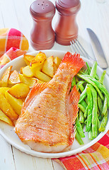 Image showing fried fish, potato and green beans