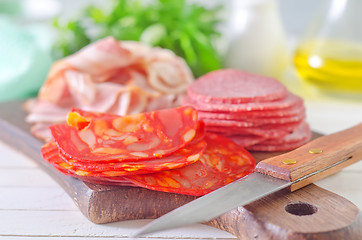 Image showing salami,ham and bacon on wooden board