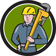 Image showing Plumber Holding Wrench Circle Cartoon