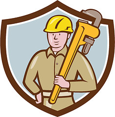 Image showing Plumber Holding Wrench Crest Cartoon