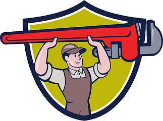 Image showing Plumber Lifting Monkey Wrench Crest Cartoon