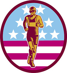 Image showing Marathon Runner USA Flag Circle Woodcut