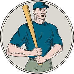 Image showing Baseball Player Batter Holding Bat Etching