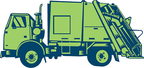 Image showing Garbage Truck Rear End Loader Side Woodcut