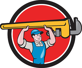 Image showing Plumber Lifting Monkey Wrench Circle Cartoon