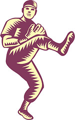 Image showing Baseball Pitcher Throwing Ball Woodcut