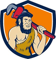 Image showing Neanderthal CaveMan Plumber Monkey Wrench Shield Cartoon