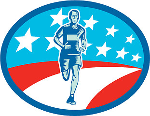 Image showing Marathon Runner USA Flag Oval Woodcut