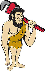 Image showing Neanderthal CaveMan Plumber Monkey Wrench Cartoon