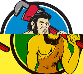 Image showing Neanderthal CaveMan Plumber Monkey Wrench Circle Cartoon