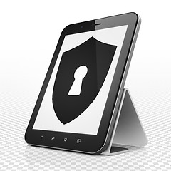 Image showing Protection concept: Tablet Computer with Shield With Keyhole on display