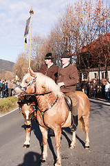 Image showing Schliersee, Germany, Bavaria 08.11.2015: pioneer with script in Leonhardifahrt in Schliersee