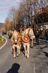 Image showing Schliersee, Germany, Bavaria 08.11.2015: Draft Horses in Schliersee in Leonhardifahrt